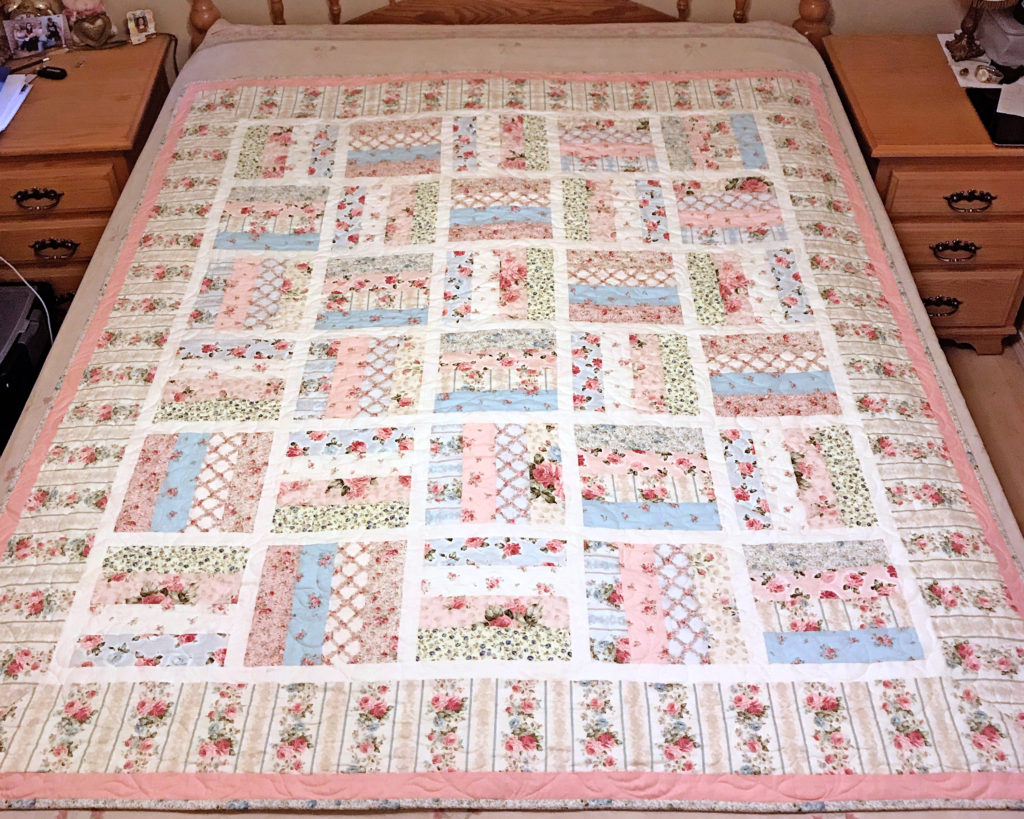 Shabby Chic Patchwork Quilt, Pink and Blue, 59" Wide x 68" Long (SKC-1017)