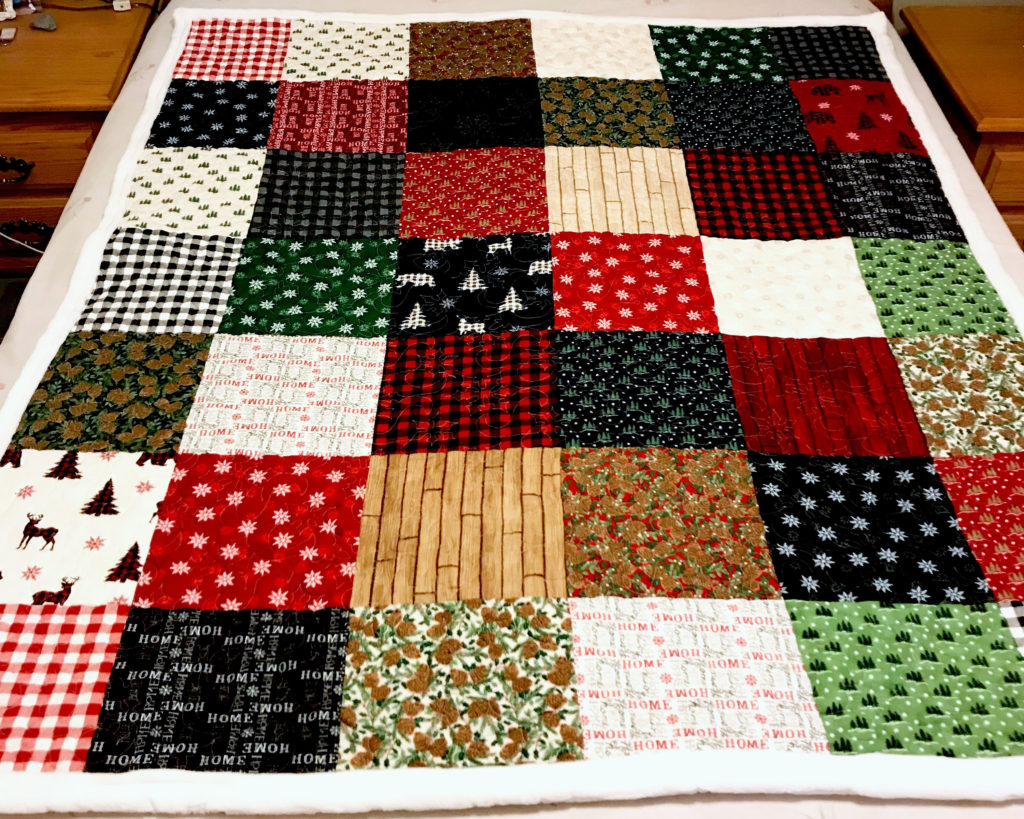 Christmas Holiday Woodland Patchwork Quilt, Pine Cones and Pine Trees, 55” Wide x 65” Long (SKC-1035)